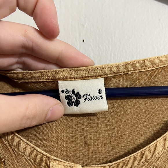 Flower Button Front Embroidered Maxi Dress Tan Brown Size M Boho Fairycore - Picture 5 of 8